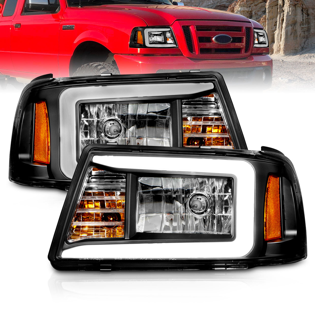 FORD RANGER 01-11 HEADLIGHTS HALO BLACK AMBER  (W/ C LIGHT BAR)