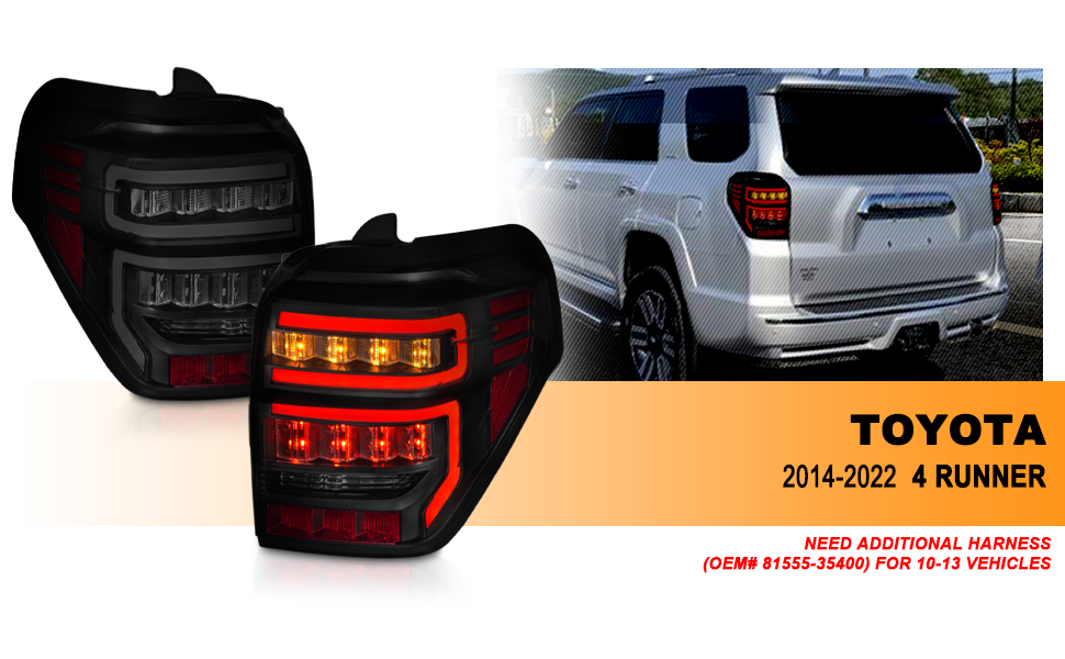 TOYOTA 4 RUNNER 14-23 TAIL LIGHTS BLACK HOUSING SMOKE LENS RED LIGHT BAR