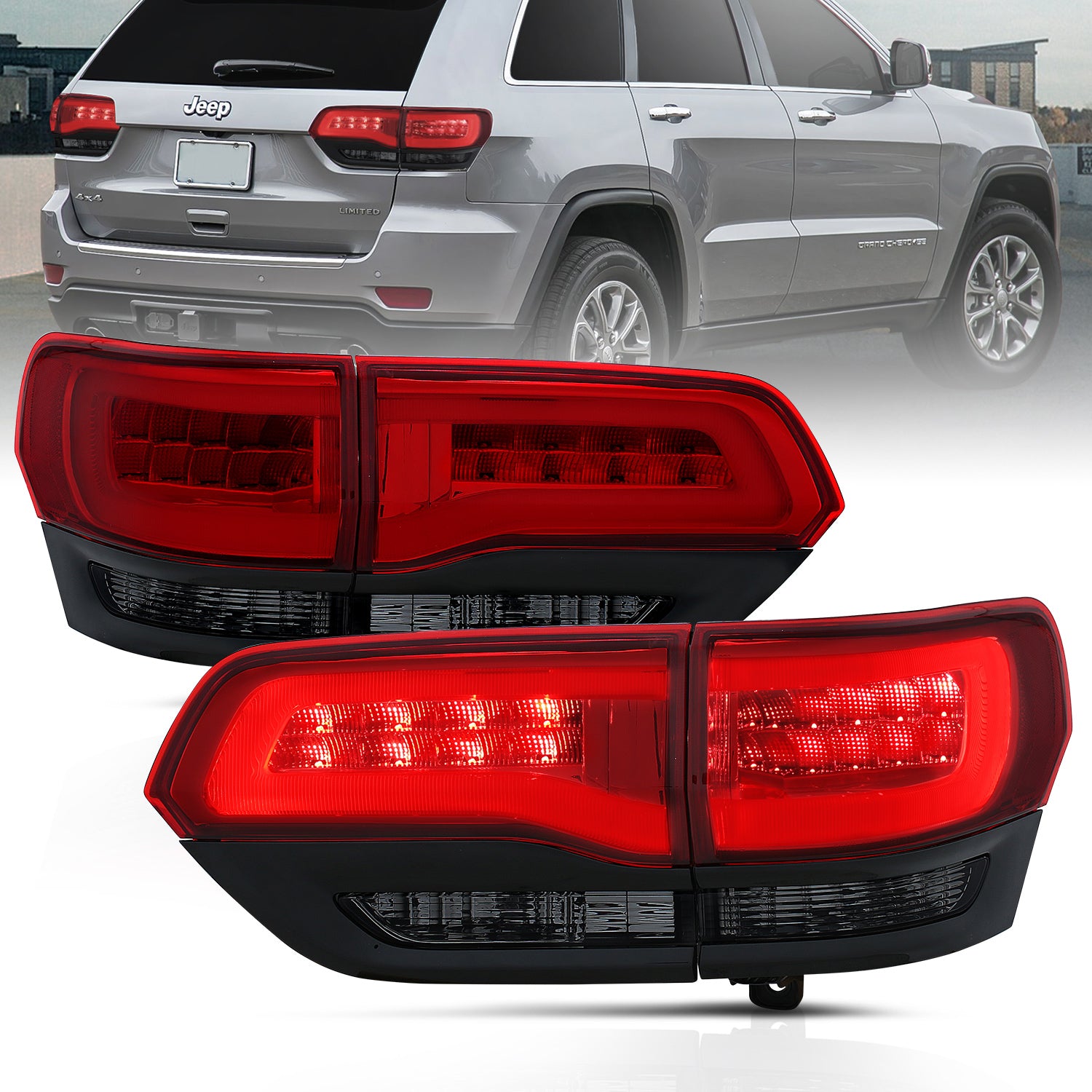 JEEP GRAND CHEROKEE 14-17 LED TAIL LIGHTS RED/SMOKE (4PCS) (BLACK EDGE)