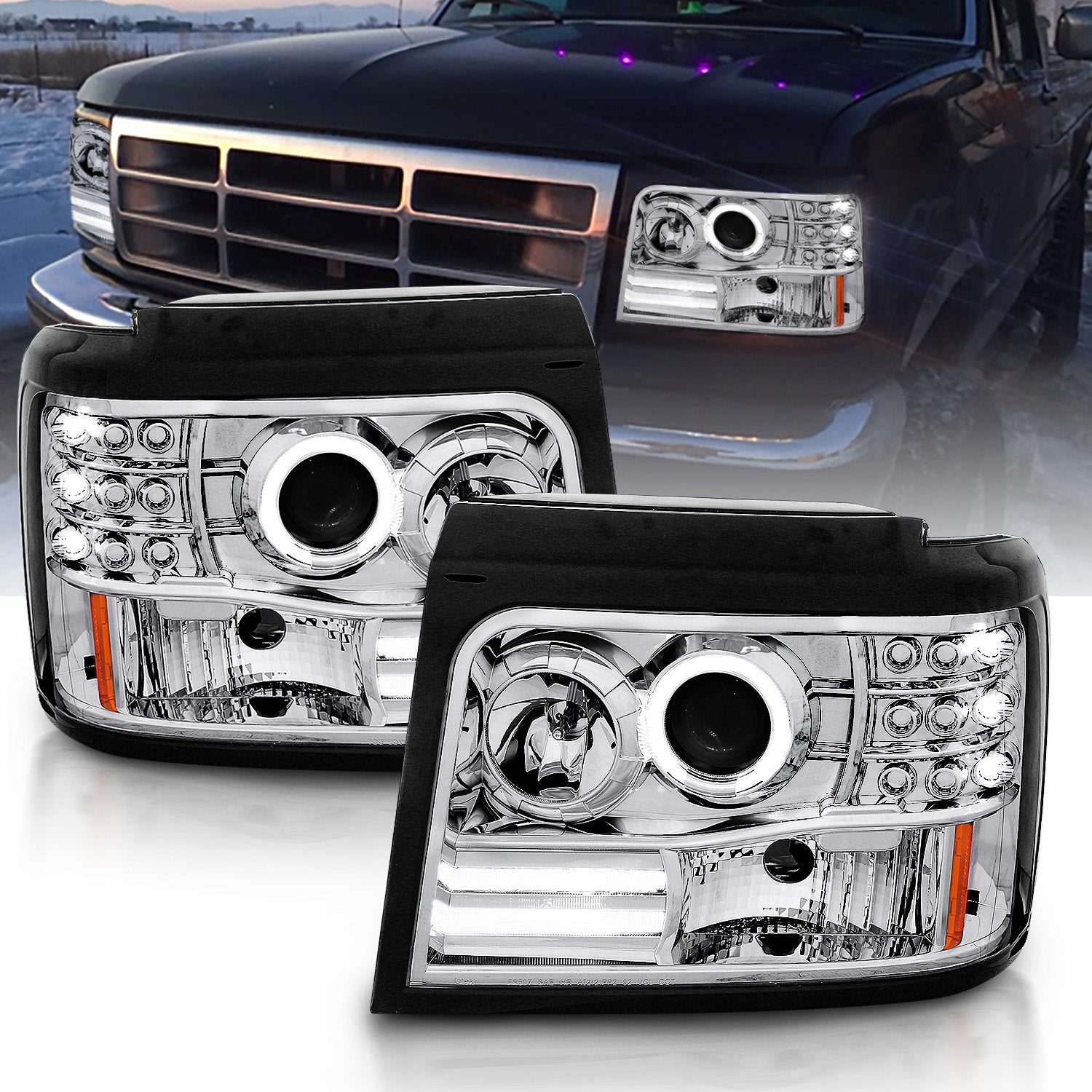 FORD F-150/F-250/BRONCO 92-96 PROJECTOR HALO HEADLIGHTS CHROME W/ SIDE MARKERS W/ PARKING LIGHTS