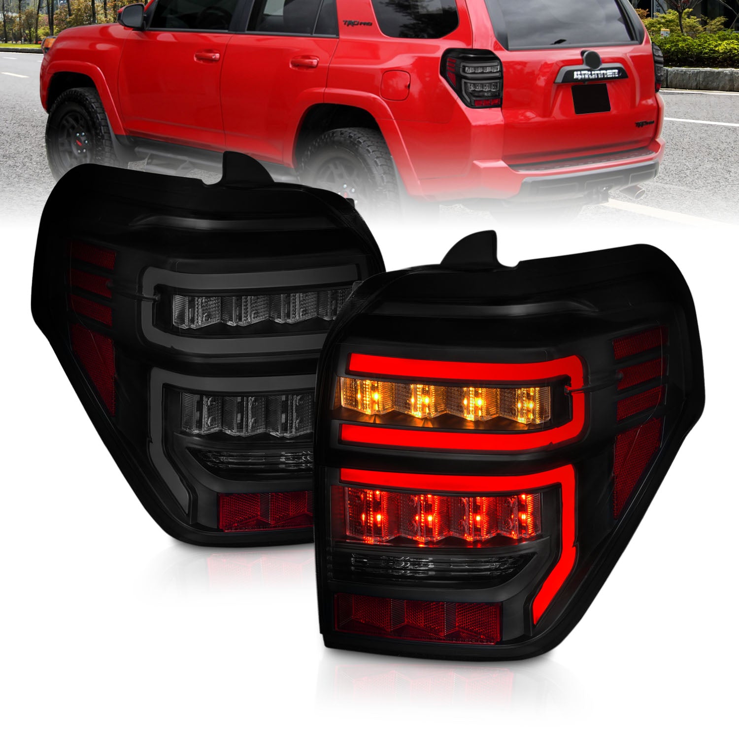 TOYOTA 4 RUNNER 14-23 TAIL LIGHTS BLACK HOUSING SMOKE LENS RED LIGHT BAR