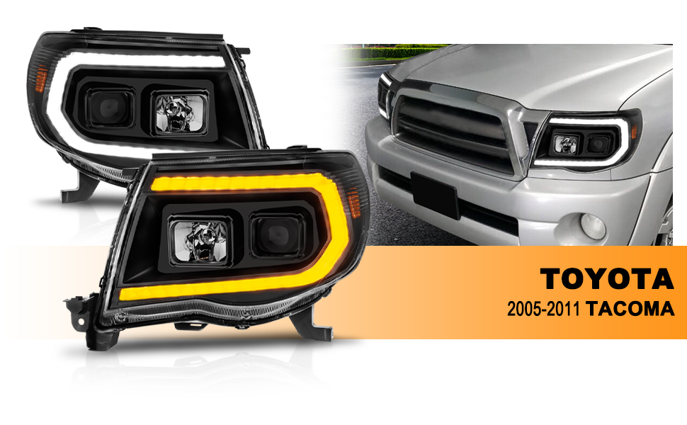 TOYOTA TACOMA 05-11 PROJECTOR SEQUENTIAL LIGHT BAR STYLE HEADLIGHTS BLACK AMBER  (W/ C LIGHT BAR)