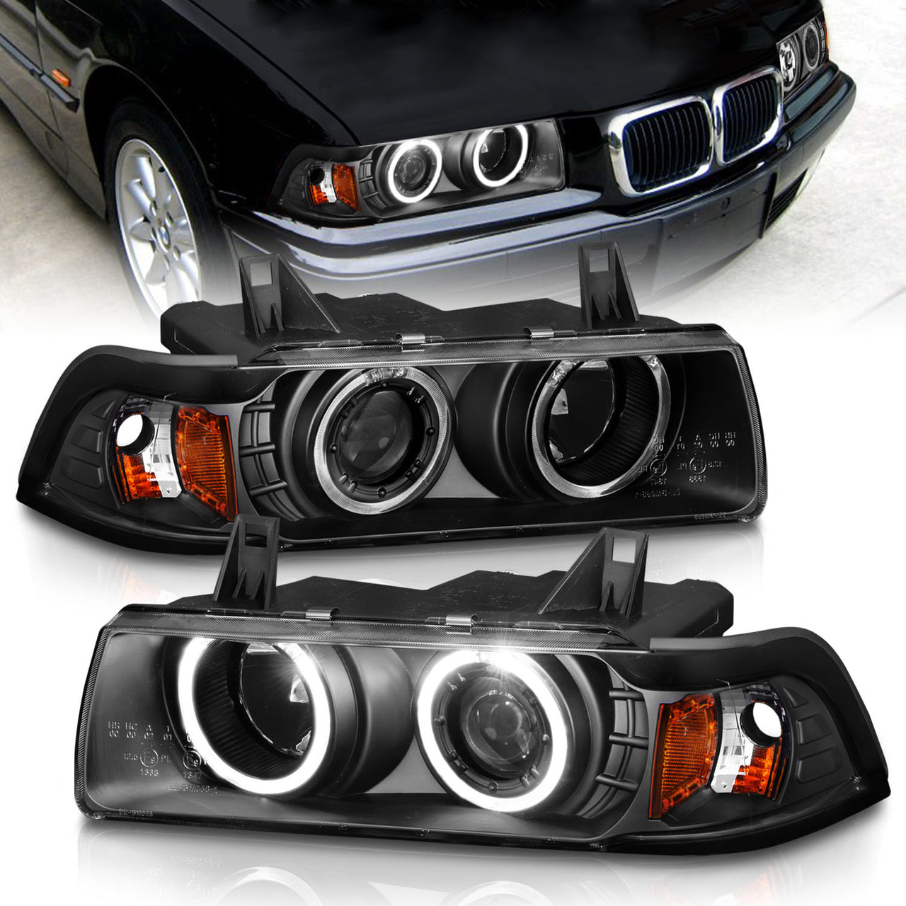 BMW 3 SERIES E36 92-98 4DR 1PC PROJECTOR HEADLIGHTS G2 HALO BLACK CLEAR AMBER