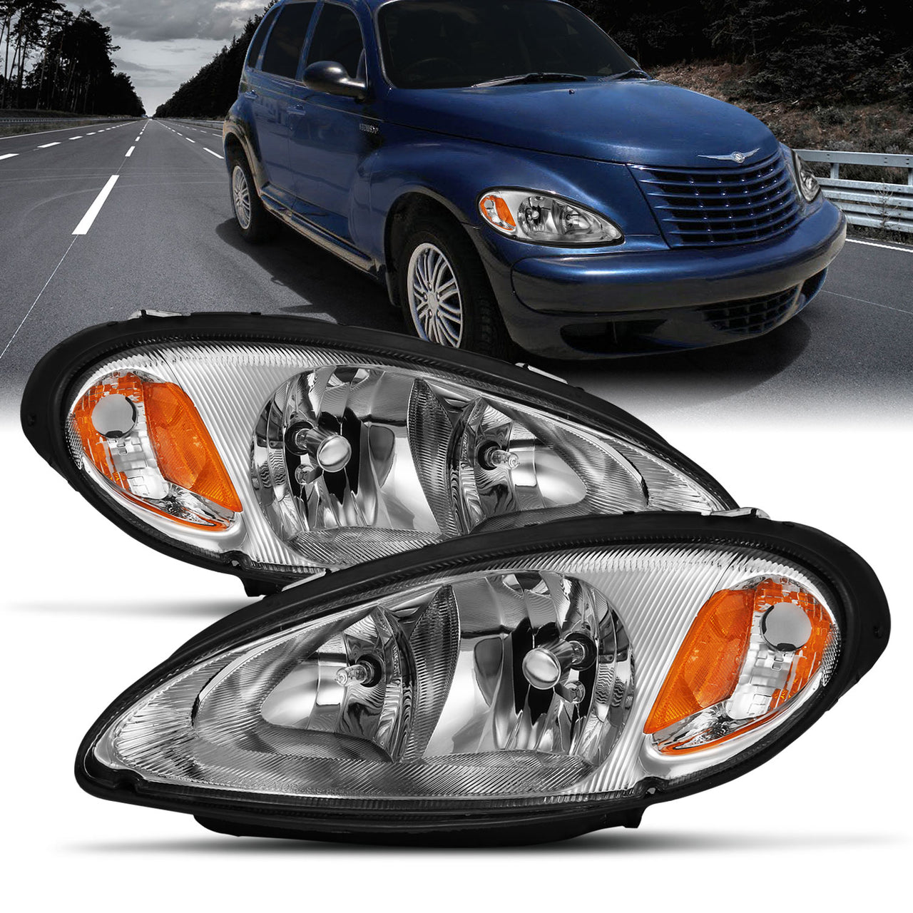 CHRYSLER PT CRUISER 01-05 HEADLIGHTS CHROME AMBER (OE REPLACEMENT)