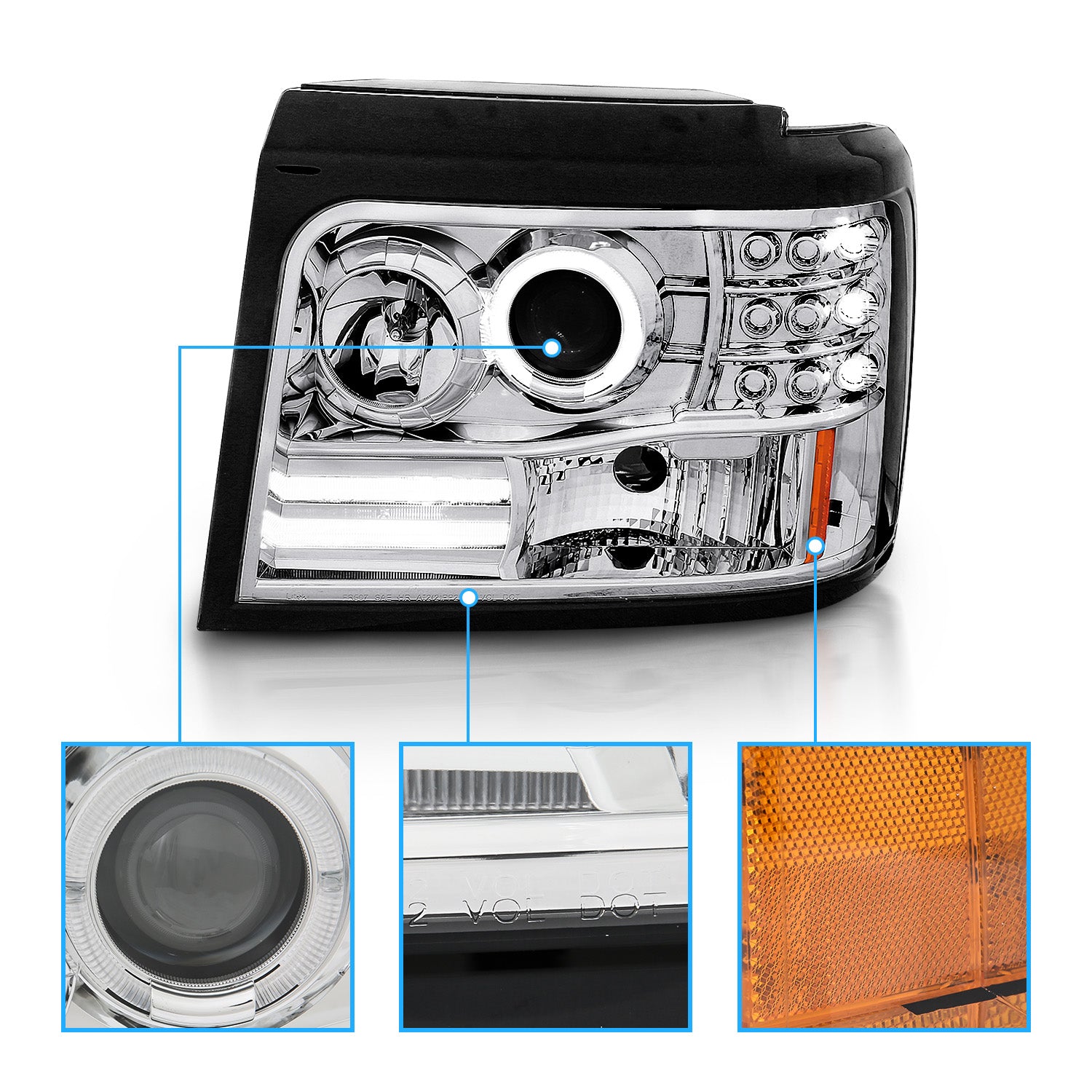 FORD F-150/F-250/BRONCO 92-96 PROJECTOR HALO HEADLIGHTS CHROME W/ SIDE MARKERS W/ PARKING LIGHTS