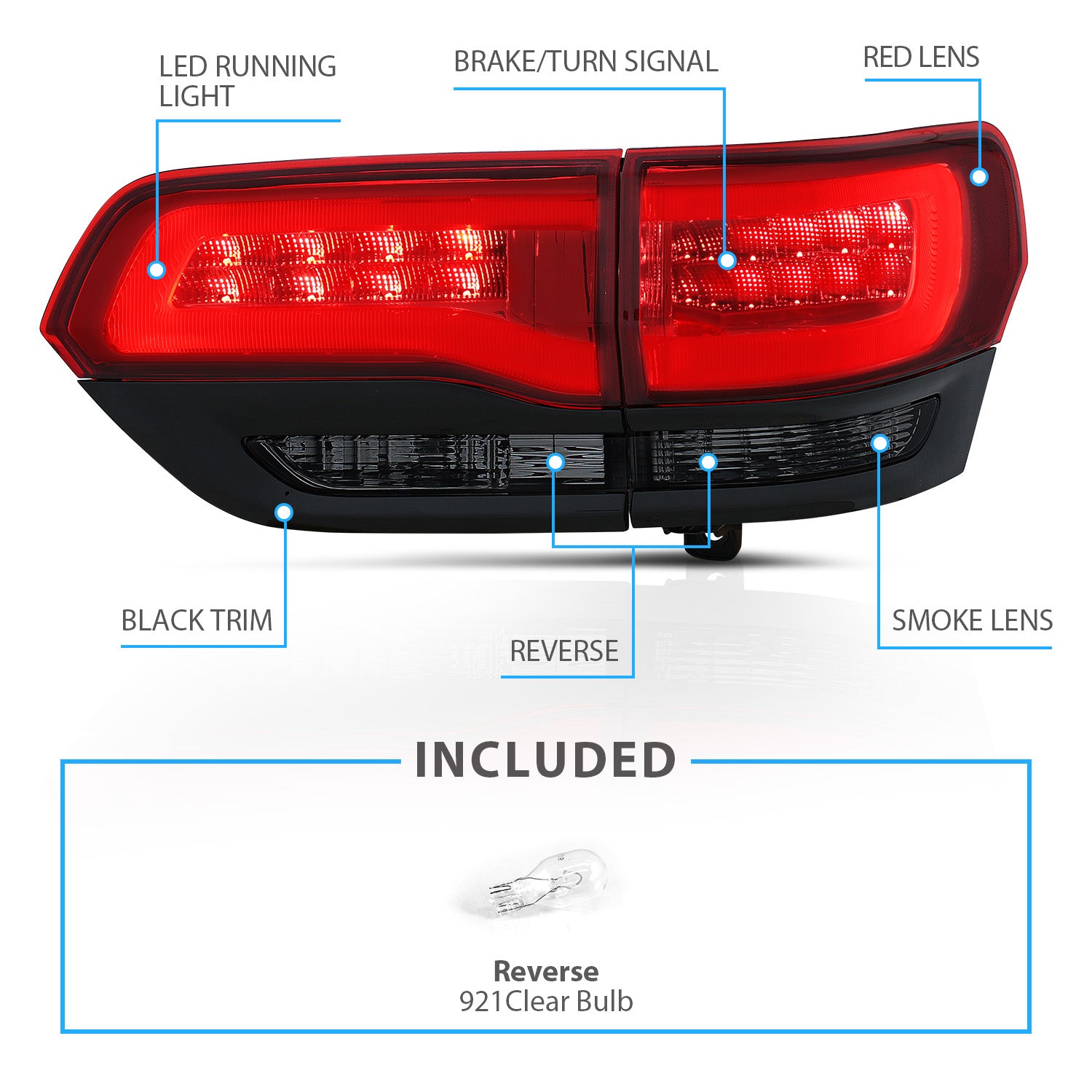 JEEP GRAND CHEROKEE 14-17 LED TAIL LIGHTS RED/SMOKE (4PCS) (BLACK EDGE)