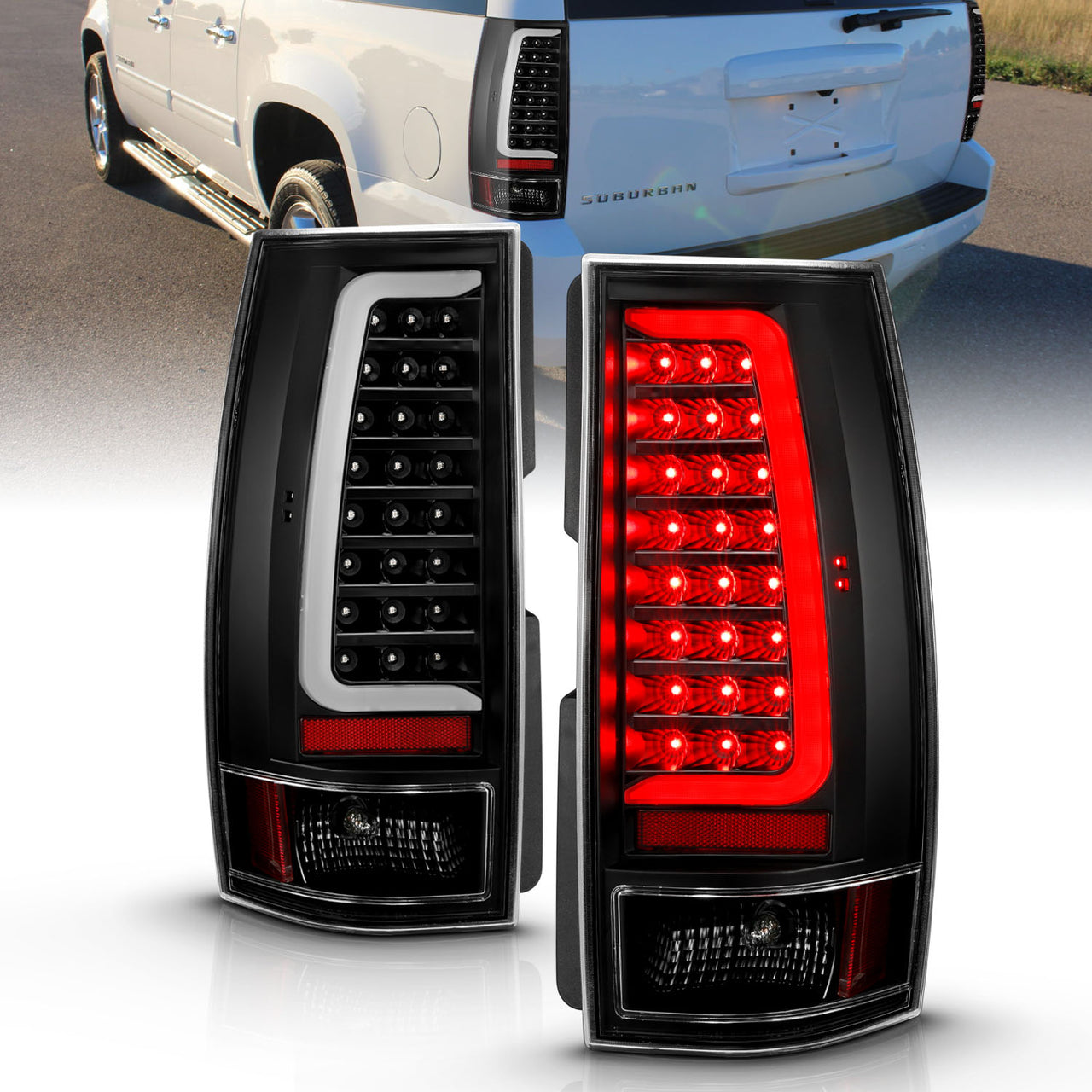 CHEVY TAHOE/SUBURBAN 07-14 LED TAIL LIGHTS BLACK HOUSING CLEAR LENS W/ C LIGHT BAR