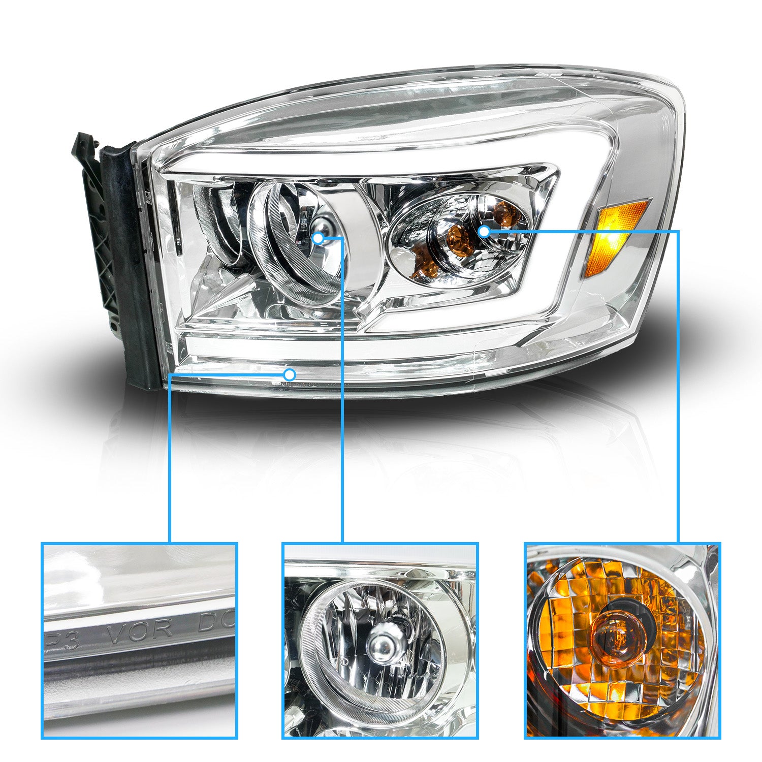 DODGE RAM 1500 06-08/ 2500/3500 06-09  CHROME HEADLIGHTS AMBER (W/ C LIGHT BAR)