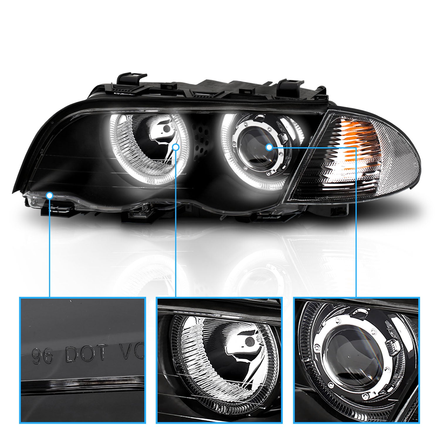 BMW 3 SERIES E46 98-01 4DR PROJECTOR HEADLIGHTS W/ CORNER LIGHTS HALO BLACK AMBER