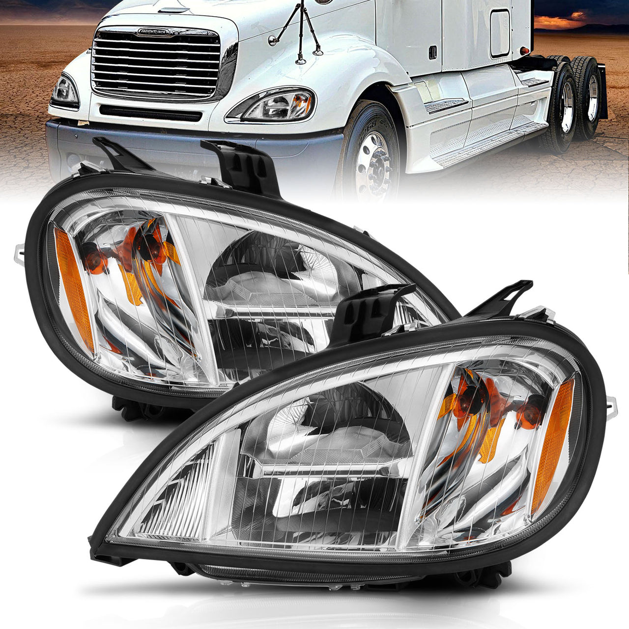 FREIGHTLINER COLUMBIA 96-13 H.L LED HIGH/LOW BEAM CHROME HOUSING AMBER REFLECTOR