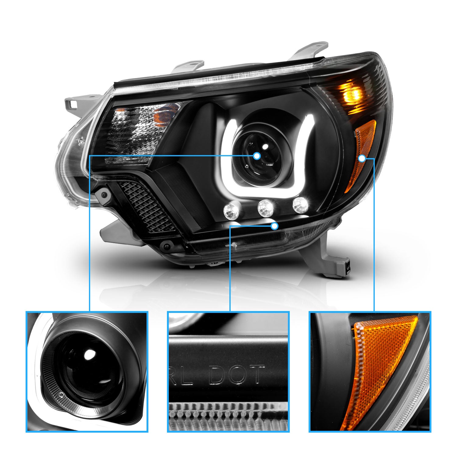 TOYOTA TACOMA 2012 PROJECTOR U-BAR STYLE HEADLIGHTS BLACK CLEAR AMBER