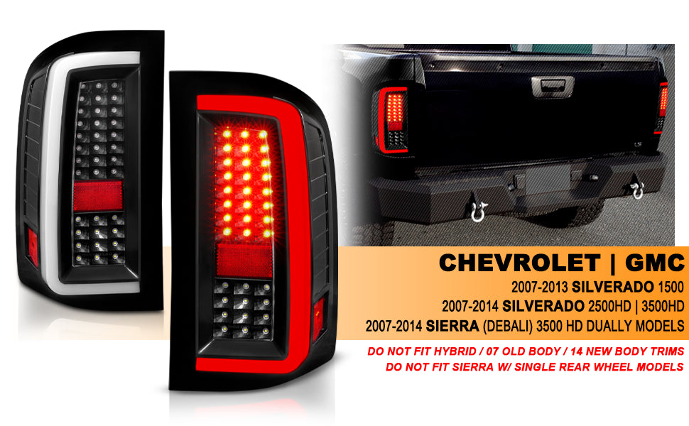 CHEVY SILVERADO 1500/2500/3500 07-10/HYBRID 09/GMC SIERRA 07-09 LED TAIL LIGHTS G5  BLACK HOUSING CLEAR LENS (W/ WHITE LIGHT BAR)