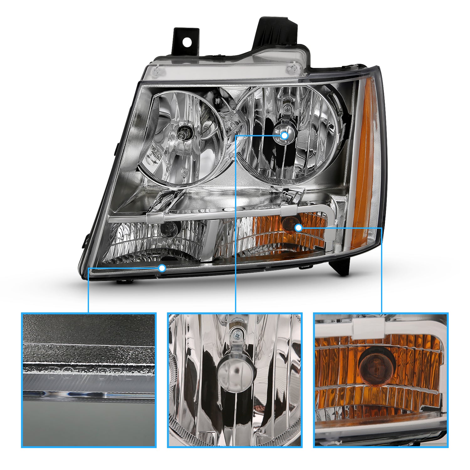 CHEVY TAHOE/SUBURBAN/AVALANCHE 07-14 HEADLIGHTS CHROME AMBER (OE REPLACEMENT)