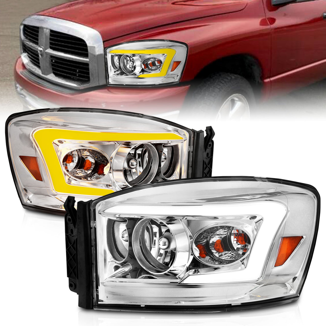 DODGE RAM 1500 06-08/ 2500/3500 06-09   SWITCHBACK HEADLIGHTS CHROME AMBER (W/ C LIGHT BAR)