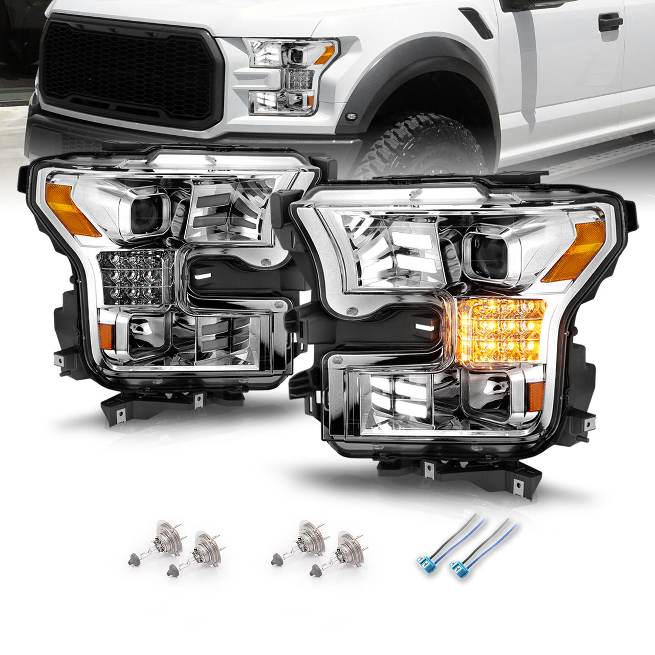 FORD F-150 15-17 PROJECTOR LIGHT BAR STYLE HEADLIGHTS CHROME HOUSING AMBER (SEQUENTIAL SIGNAL)