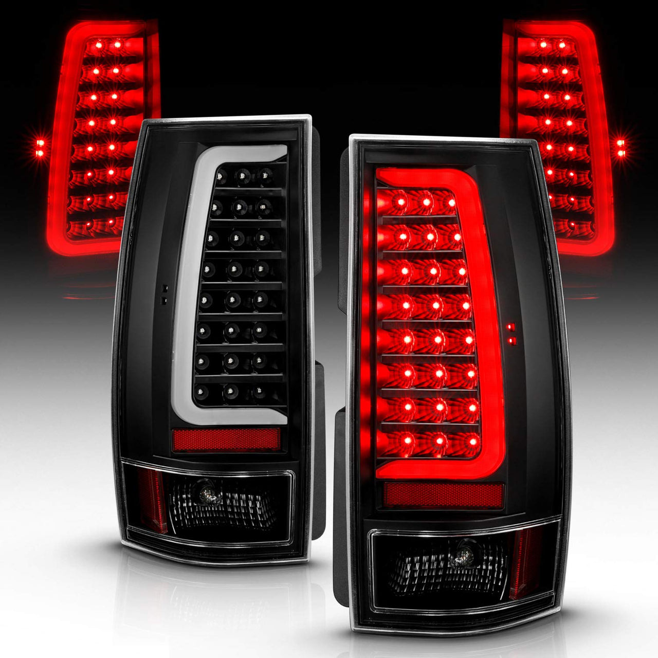 CHEVY TAHOE/SUBURBAN 07-14 LED TAIL LIGHTS BLACK HOUSING CLEAR LENS W/ C LIGHT BAR