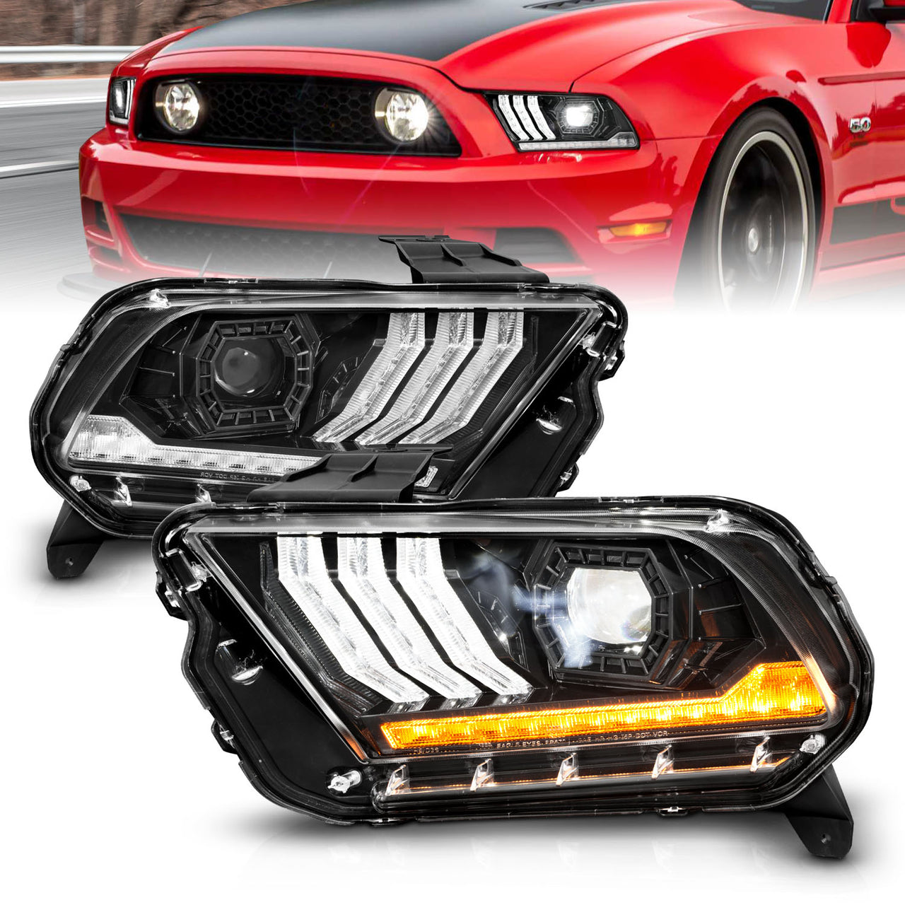FORD MUSTANG 13-14 (HID MODEL) FULL LED PROJECTOR LIGHT BAR STYLE HEADLIGHTS BLACK (SEQUENTIAL SIGNAL)