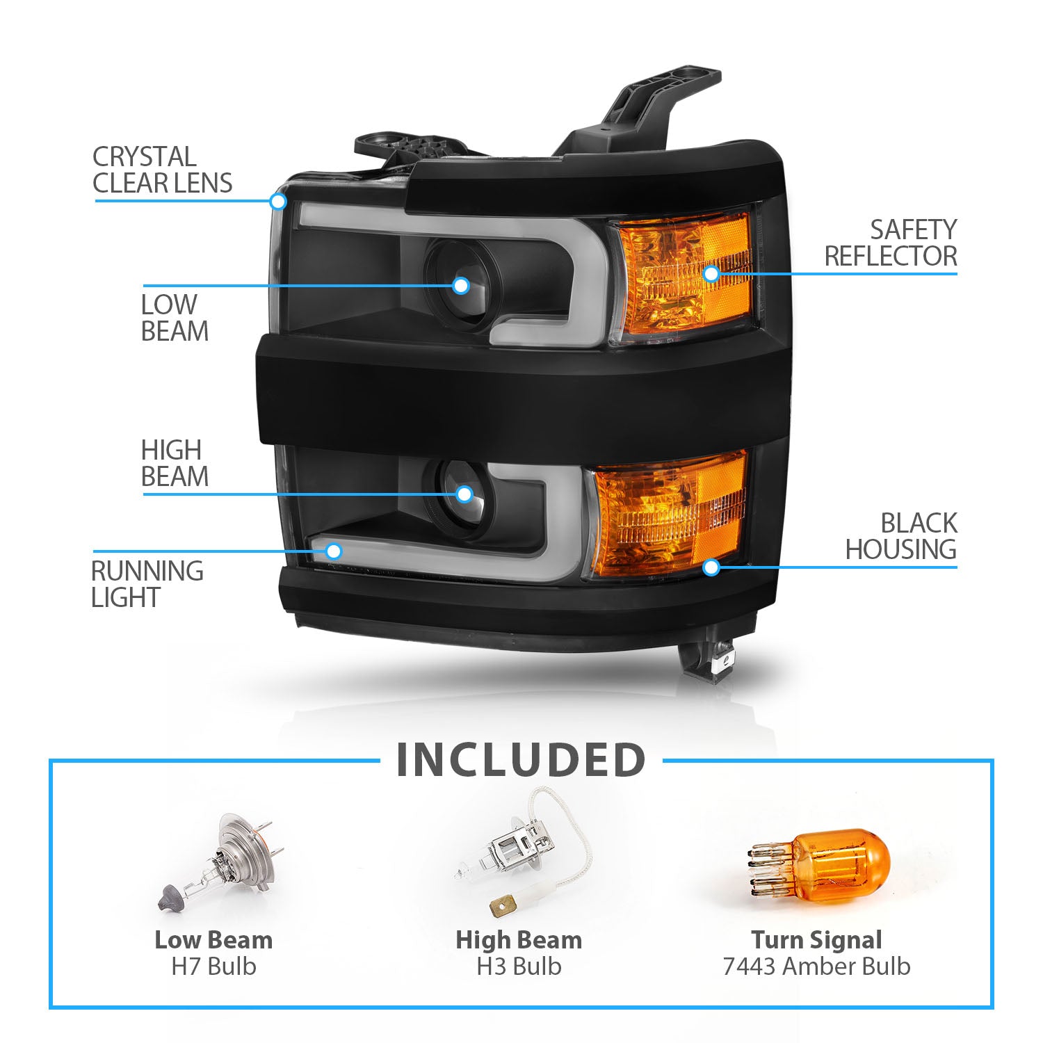 CHEVY SILVERADO 2500HD/3500HD 15-17 PROJECTOR LIGHT BAR STYLE HEADLIGHTS BLACK AMBER (BLACK RIM)