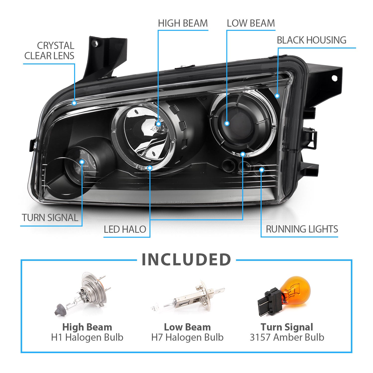 DODGE CHARGER 06-08 PROJECTOR HEADLIGHTS HALO BLACK CLEAR