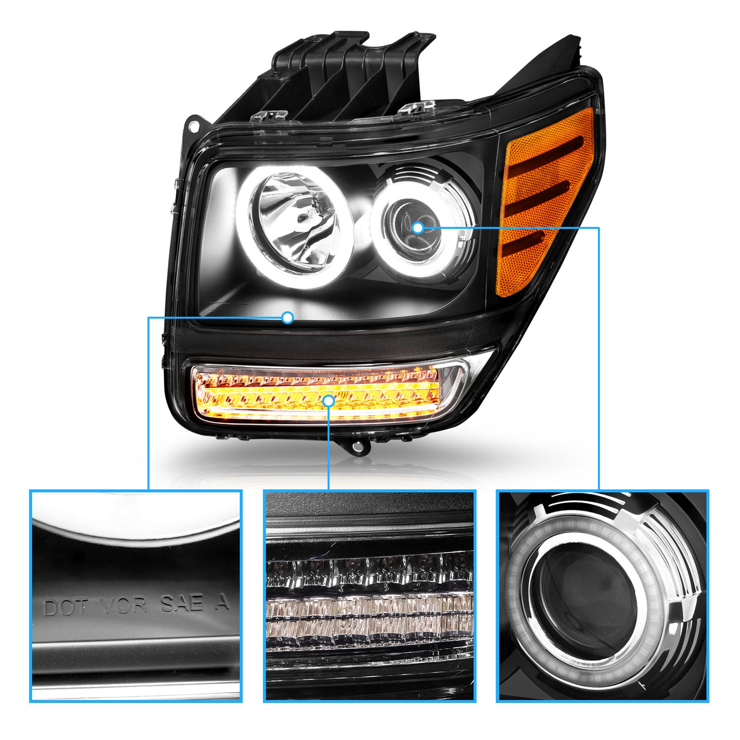 DODGE NITRO 07-08 PROJECTOR HEADLIGHTS HALO G2 BLACK CLEAR AMBER W/ LED (RX HALO)