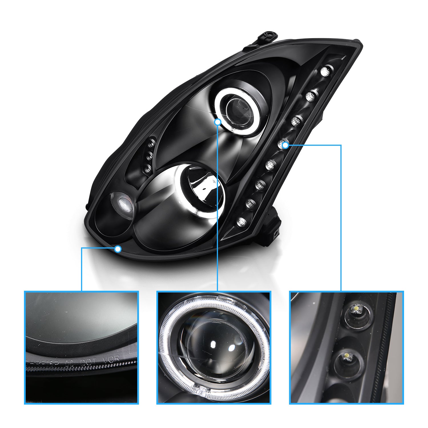 INFINITI G35 03-07 2DR HEADLIGHTS BLACK PROJECTOR CLEAR HALO (OEM HID COMPATIBLE) (RX HALO)
