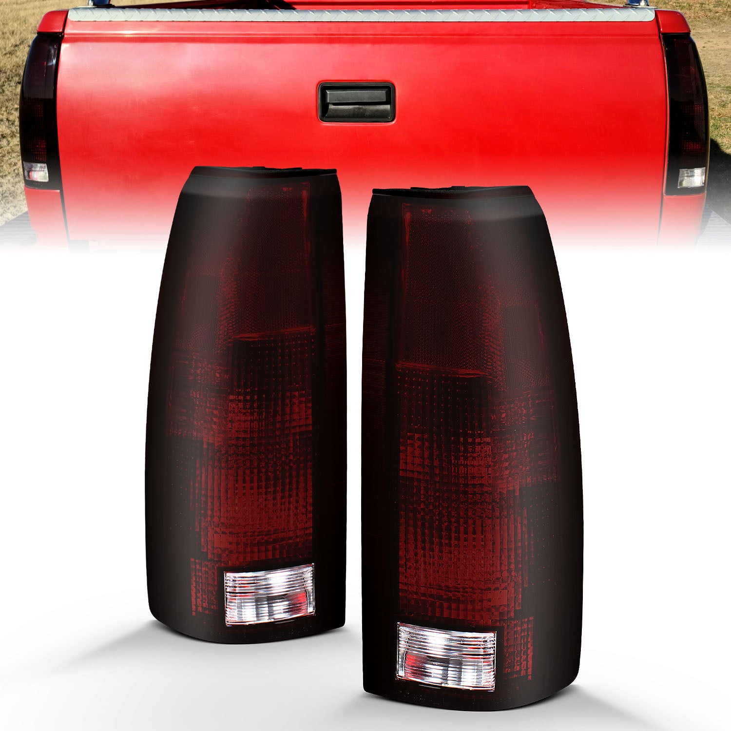 Chevy/GMC C/K 1500/2500/3500 88-99, SUBURBAN/YUKON 92-00, TAHOE 94-00, BLAZER 92-94, CADILLAC ESCALADE 99-00 TAIL LIGHTS CONNECTOR RIM DARK RED LENS (W/O CONNECTOR)