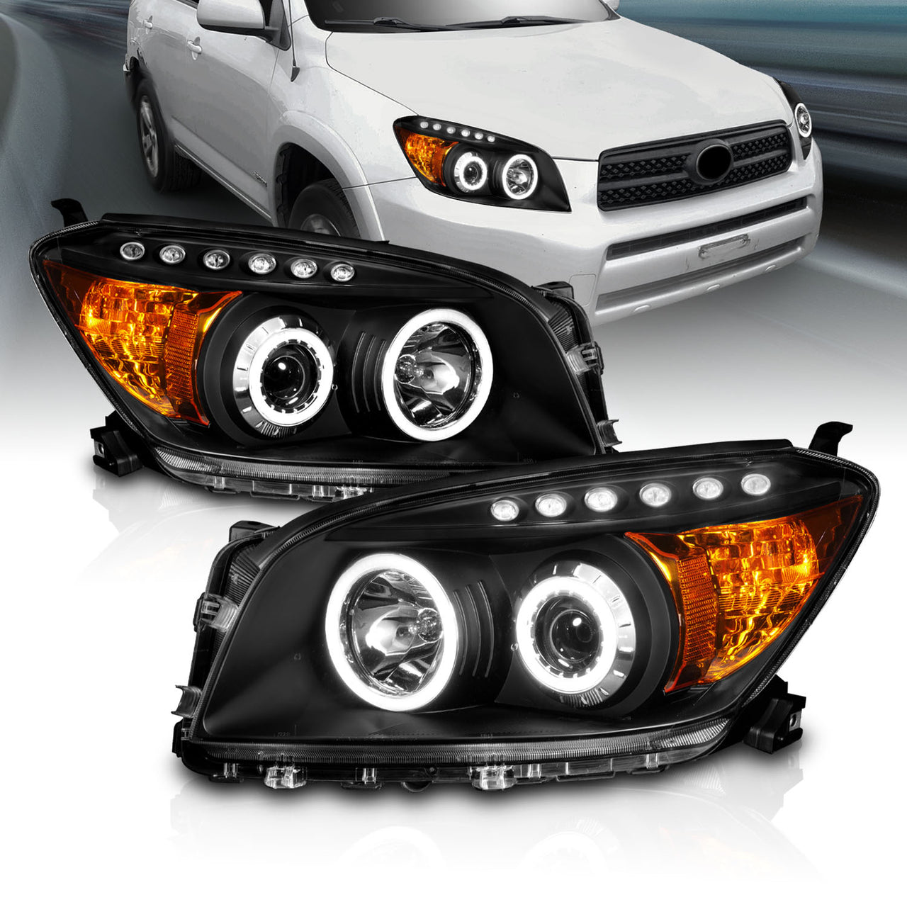 TOYOTA RAV-4 06-08 PROJECTOR HEADLIGHTS BLACK CLEAR AMBER (RX HALO)