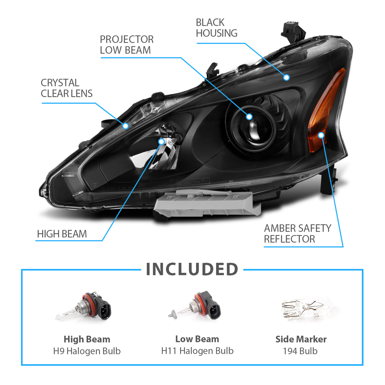 NISSAN ALTIMA 13-15 HEADLIGHTS 4D CRYSTAL BLACK AMBER