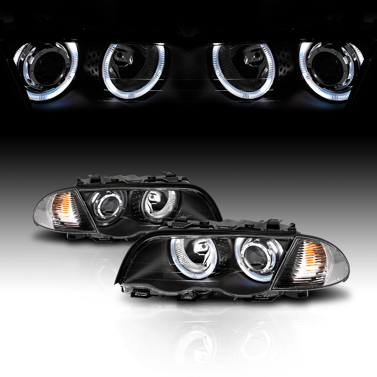 BMW 3 SERIES E46 98-01 4DR PROJECTOR HEADLIGHTS W/ CORNER LIGHTS HALO BLACK AMBER