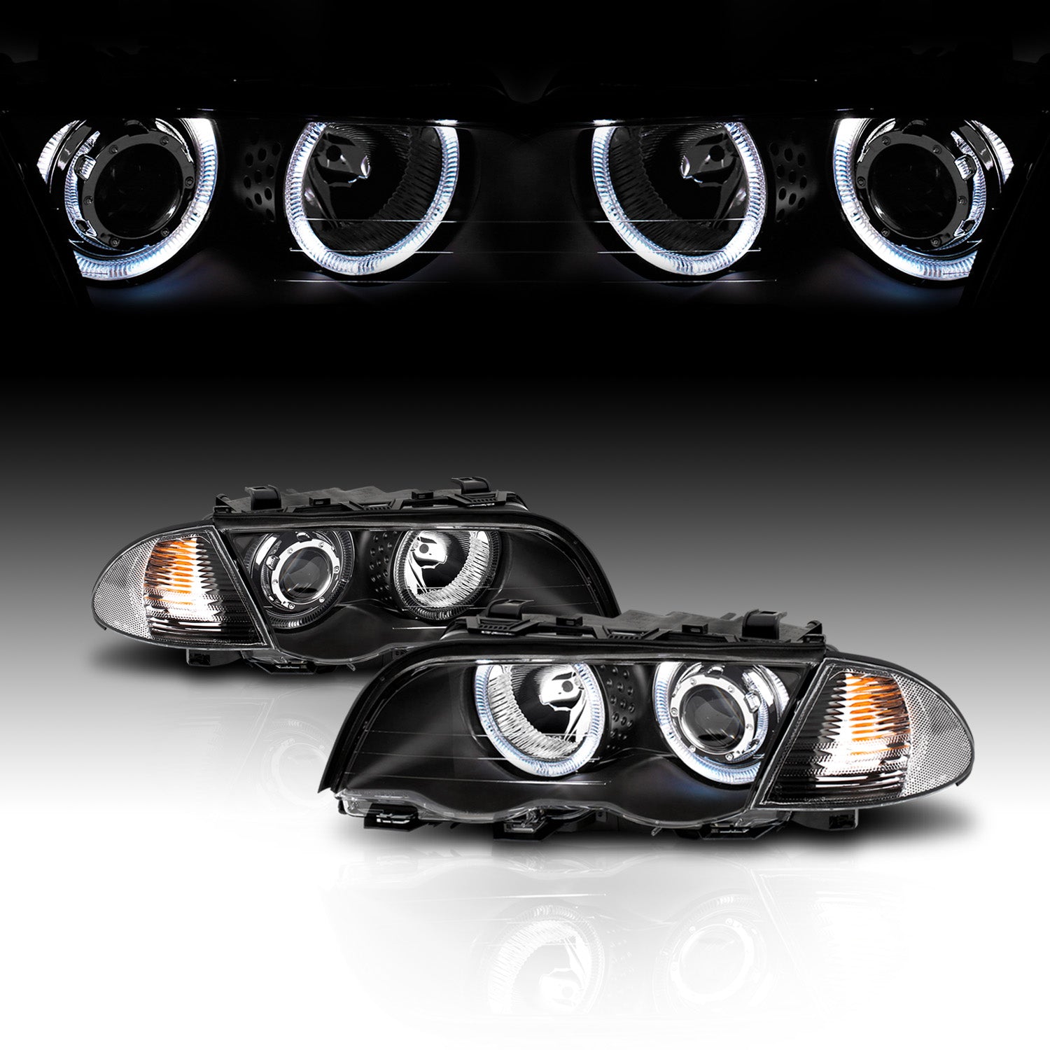 BMW 3 SERIES E46 98-01 4DR PROJECTOR HEADLIGHTS W/ CORNER LIGHTS HALO BLACK AMBER