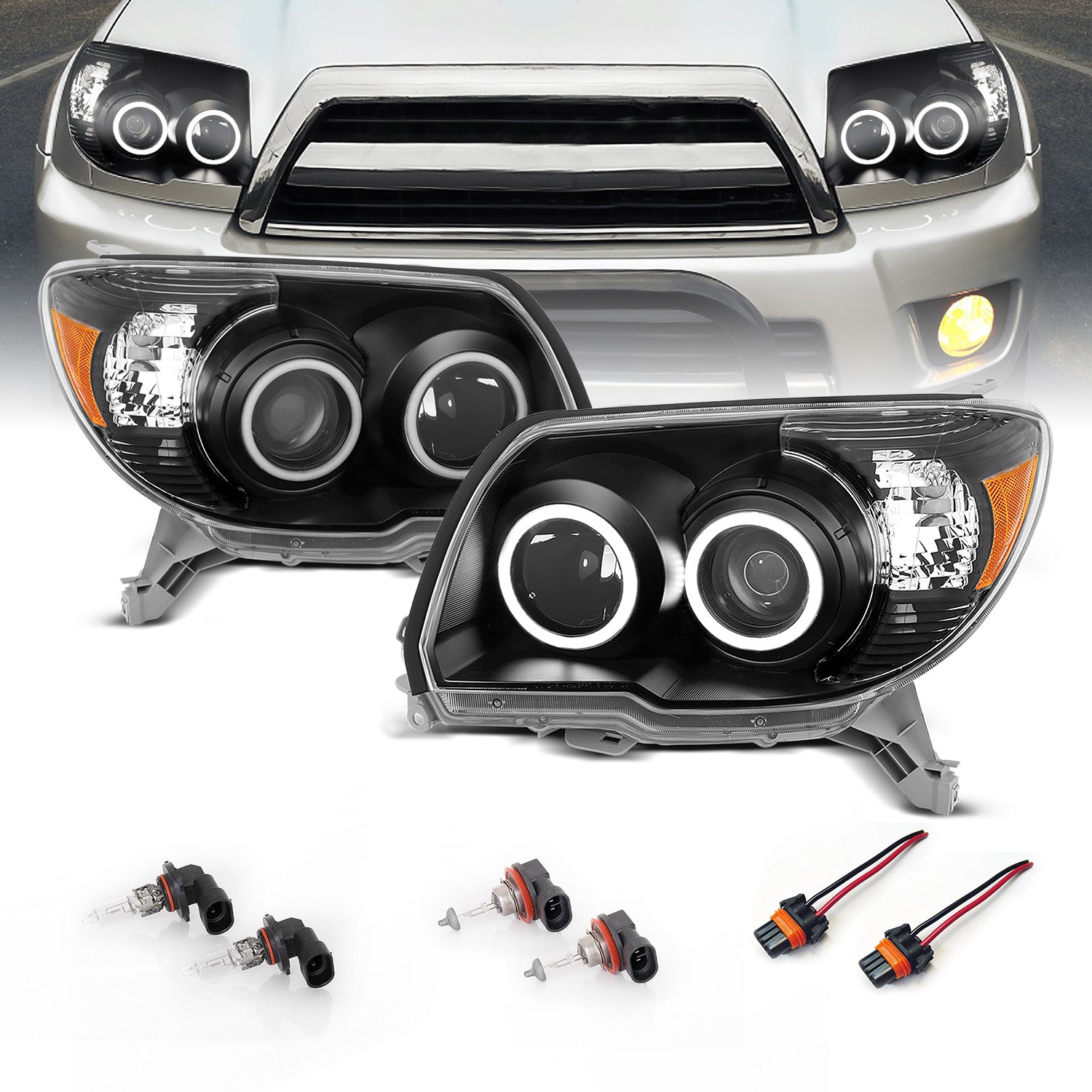 TOYOTA 4 RUNNER 06-09 PROJECTOR HEADLIGHTS BLACK CLEAR (RX HALO) AMBER