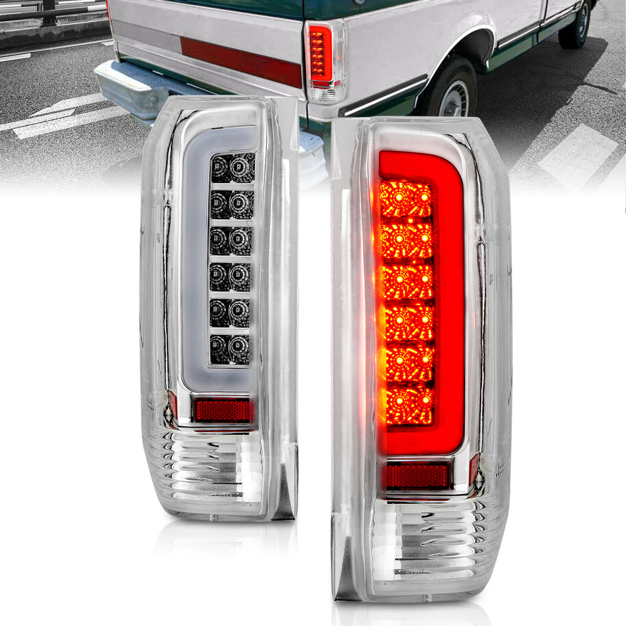 FORD F150 89-97/BRONCO 87-96 TAIL LIGHTS CHROME HOUSING CLEAR LENS W/C BAR