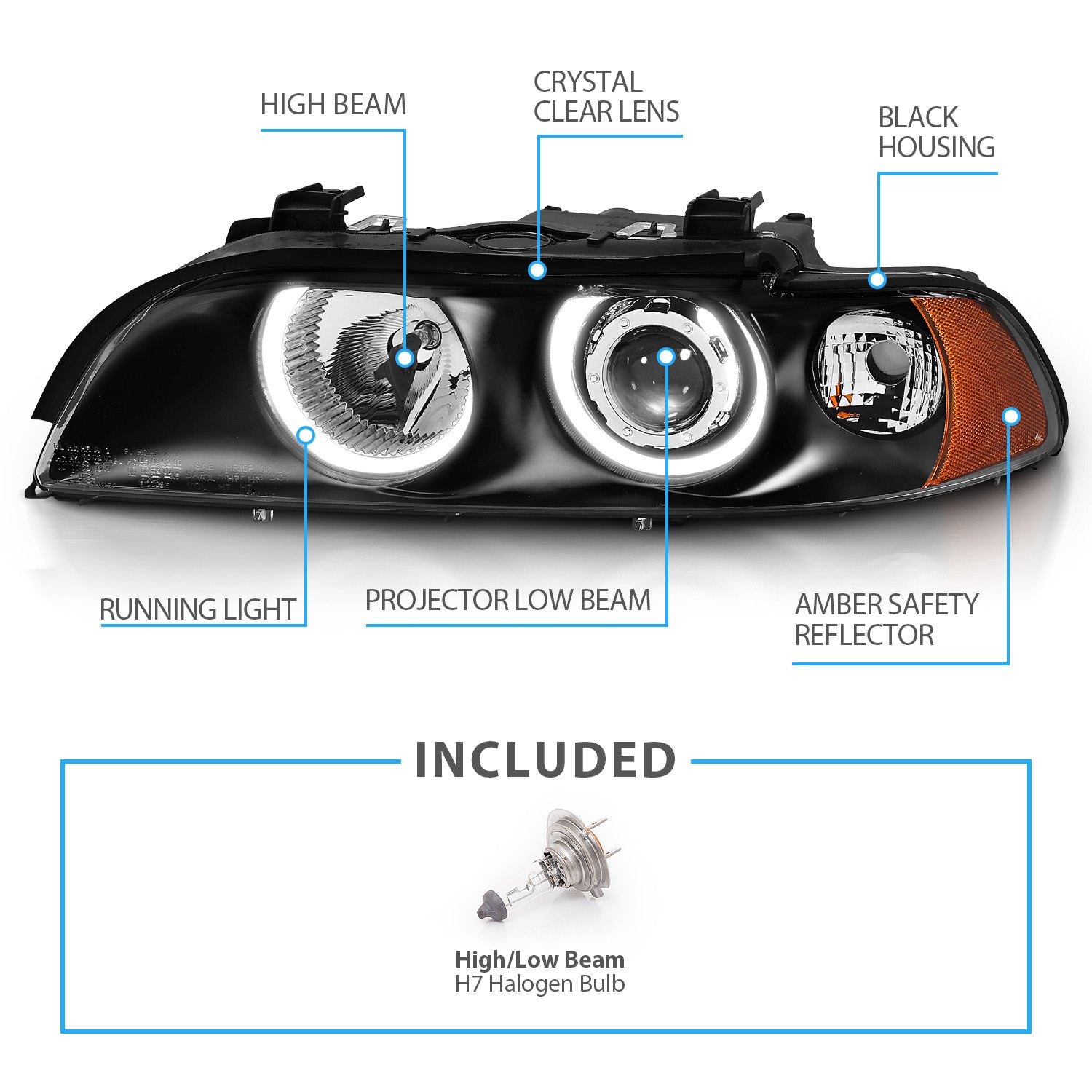 BMW 5 SERIES E39 95-01 PROJECTOR HEADLIGHTS HALO BLACK CLEAR AMBER