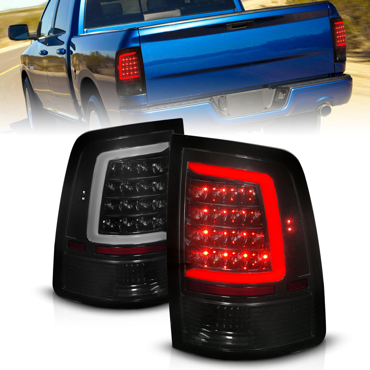 DODGE RAM 1500 09-20 LED TAIL LIGHTS BLACK HOUSING SMOKE LENS (W/ SEQUENTIAL ) (HALOGEN MODEL)
