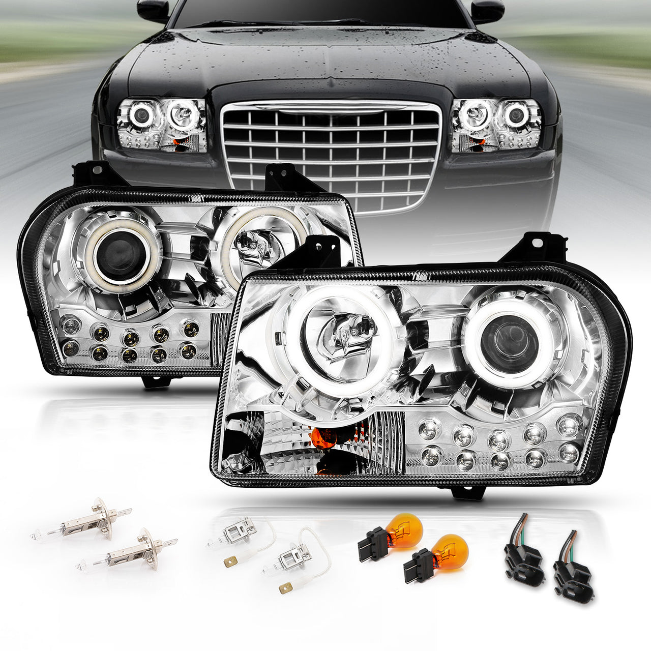CHRYSLER 300 (05:2.7L,3.5L ENG)/(07-10:W/O DELAY OPTION) 05-10 PROJECTOR HEADLIGHTS HALO LED CHROME (RX HALO)