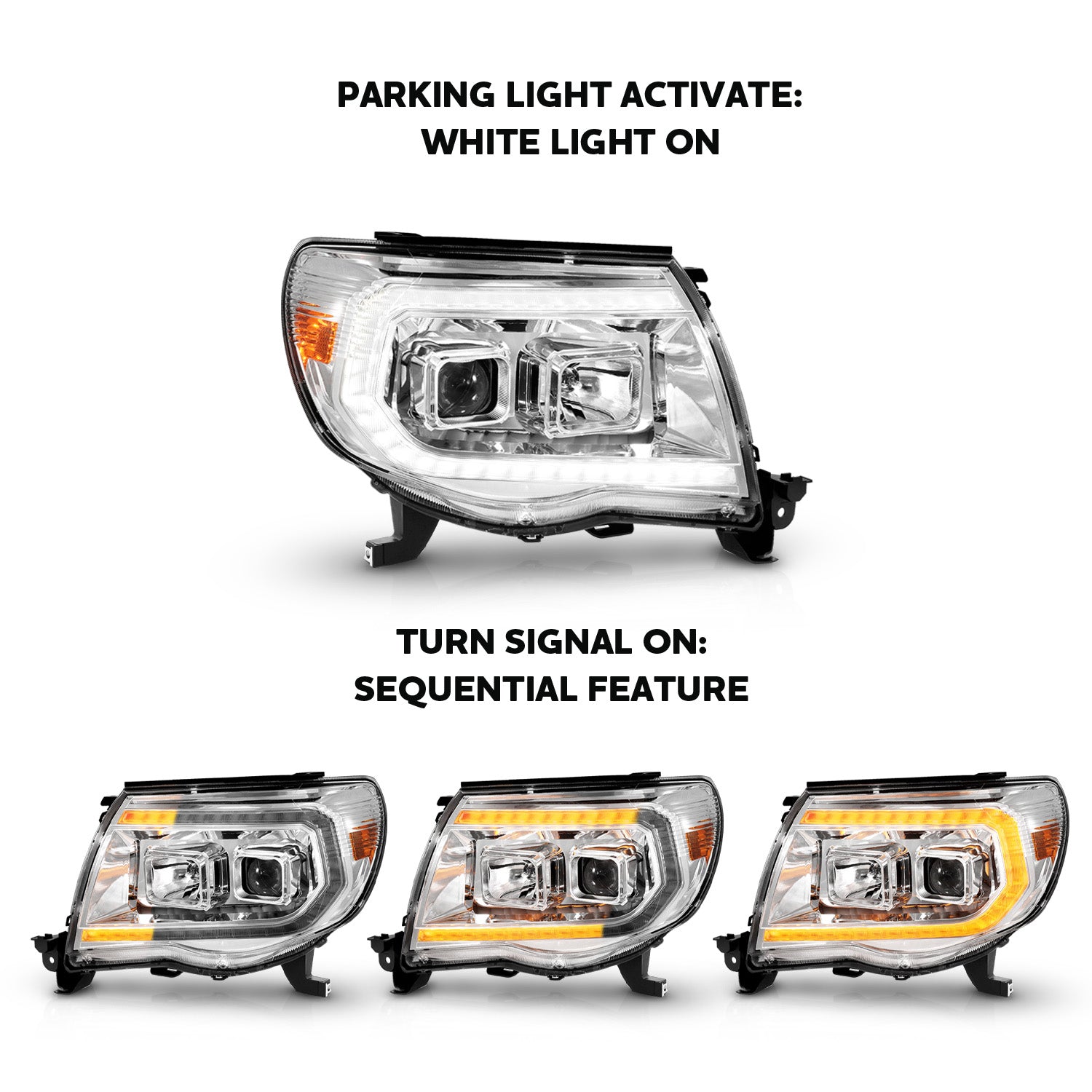 TOYOTA TACOMA 05-11 PROJECTOR SEQUENTIAL LIGHT BAR STYLE HEADLIGHTS CHROME AMBER  (W/ C LIGHT BAR)
