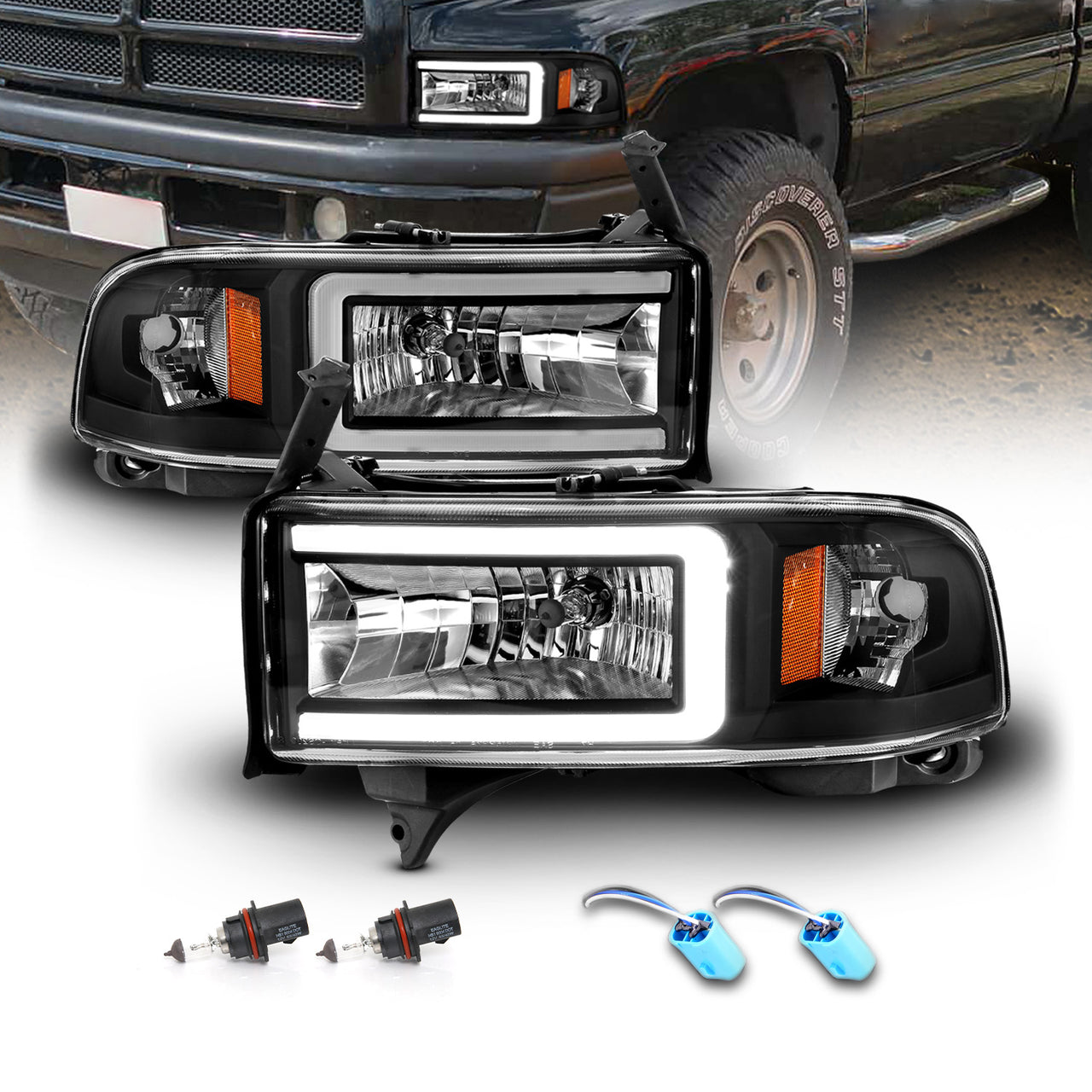 DODGE RAM 94-02 HEADLIGHTS BLACK AMBER (W/ C LIGHT BAR)