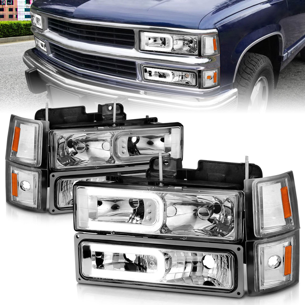 CHEVY CK / C10 /SILVERADO/ TAHOE / SUBURBAN/BLAZER 94-98 HEADLIGHTS  W/ SIGNAL & SIDE MARKERS (8PCS) SET CHROME HOUSING CLEAR LENS W/ C LIGHT BAR