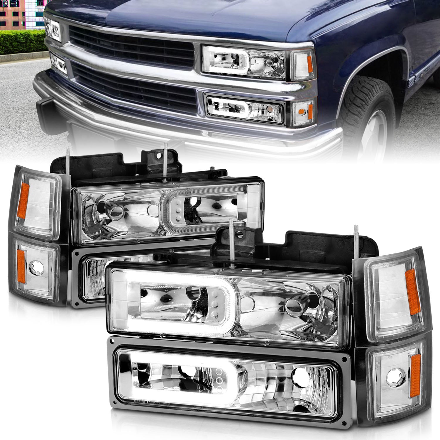 CHEVY CK / C10 /SILVERADO/ TAHOE / SUBURBAN/BLAZER 94-98 HEADLIGHTS  W/ SIGNAL & SIDE MARKERS (8PCS) SET CHROME HOUSING CLEAR LENS W/ C LIGHT BAR