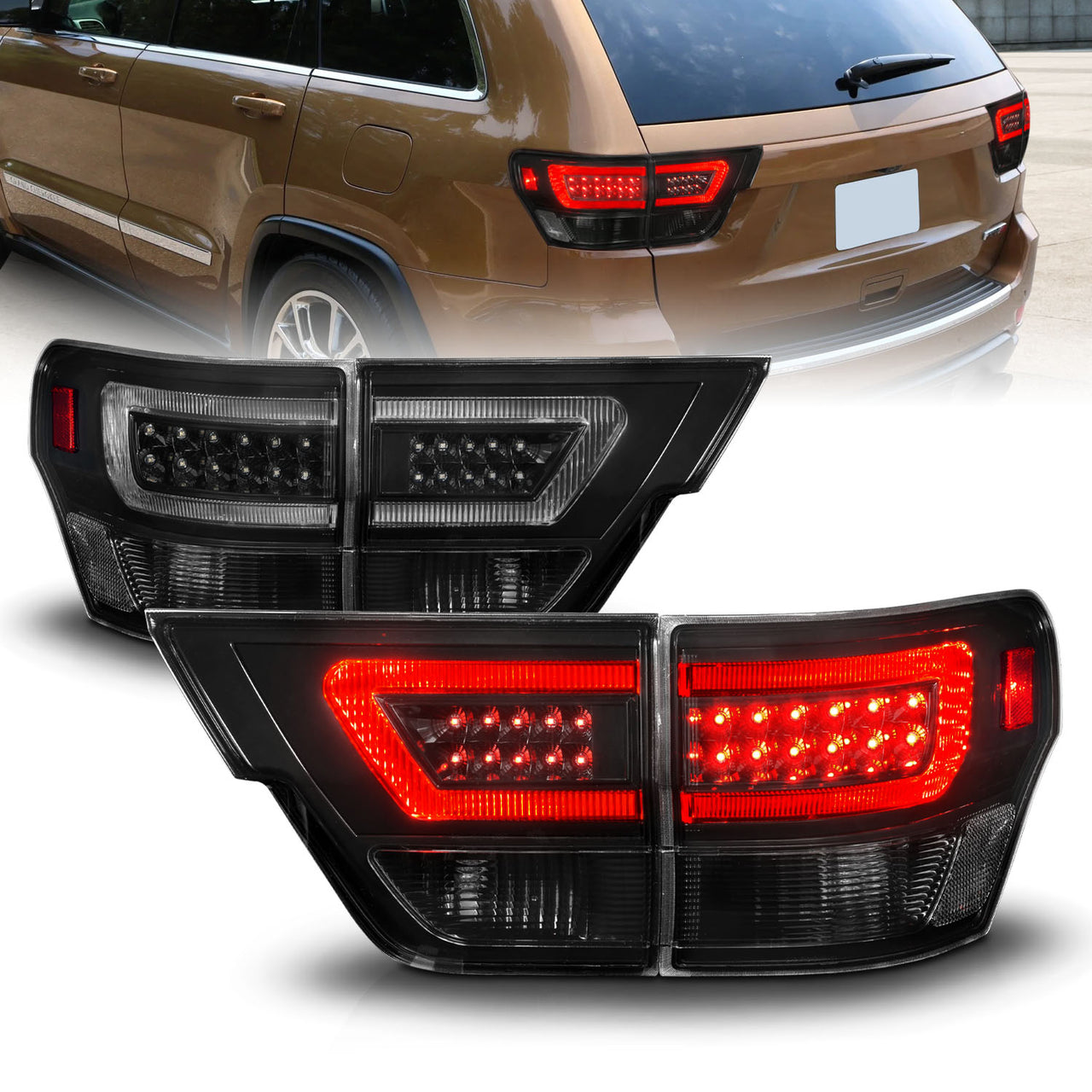 JEEP GRAND CHEROKEE 11-13 LED TAIL LIGHTS 4PCS BLACK HOUSING SMOKE LENS W/ C LIGHT BAR