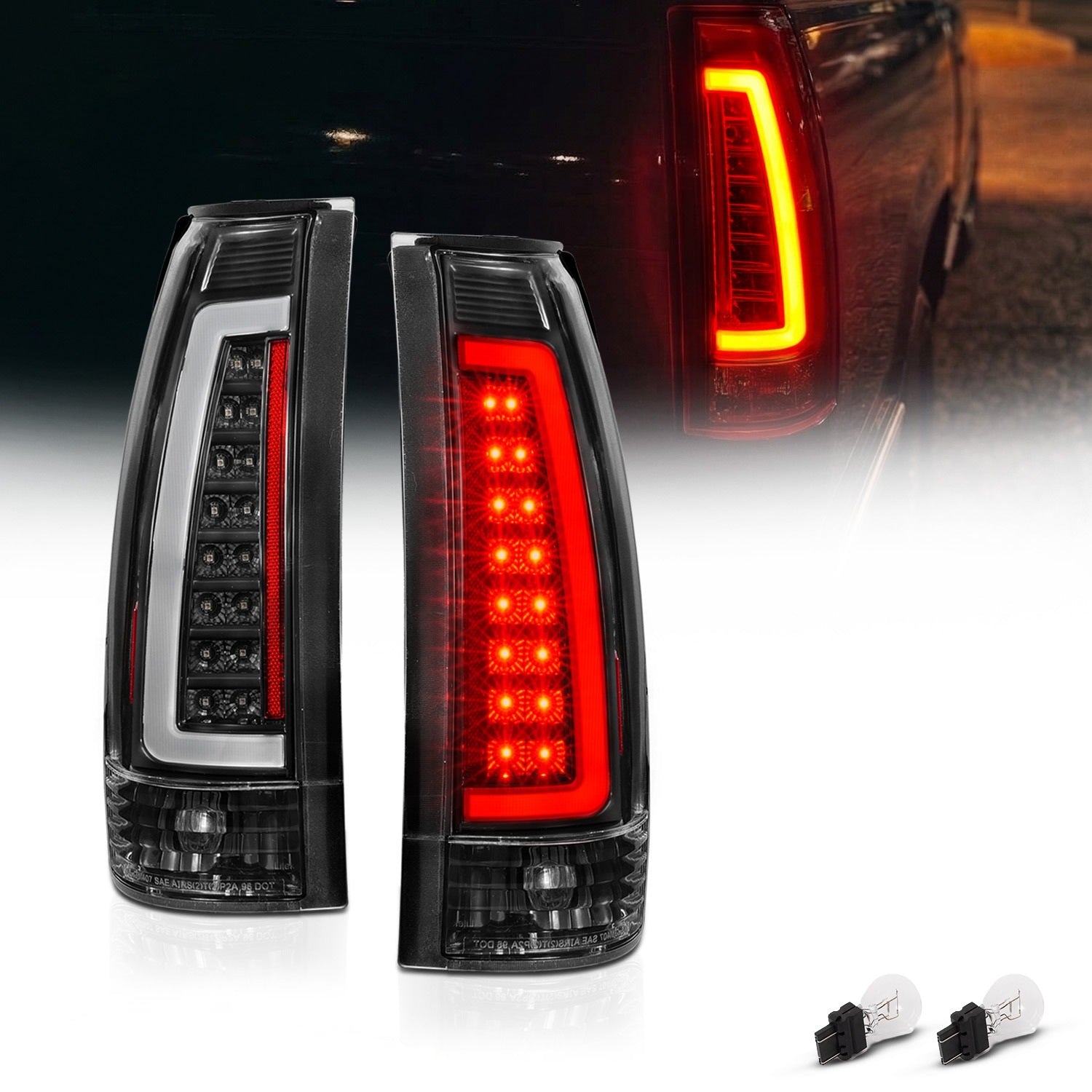 Chevy/GMC C/K 1500/2500/3500 88-99, SUBURBAN/YUKON 92-00, TAHOE 94-00, BLAZER 92-94, CADILLAC ESCALADE 99-00 LED C-BAR TAIL LIGHTS BLACK HOUSING CLEAR LENS