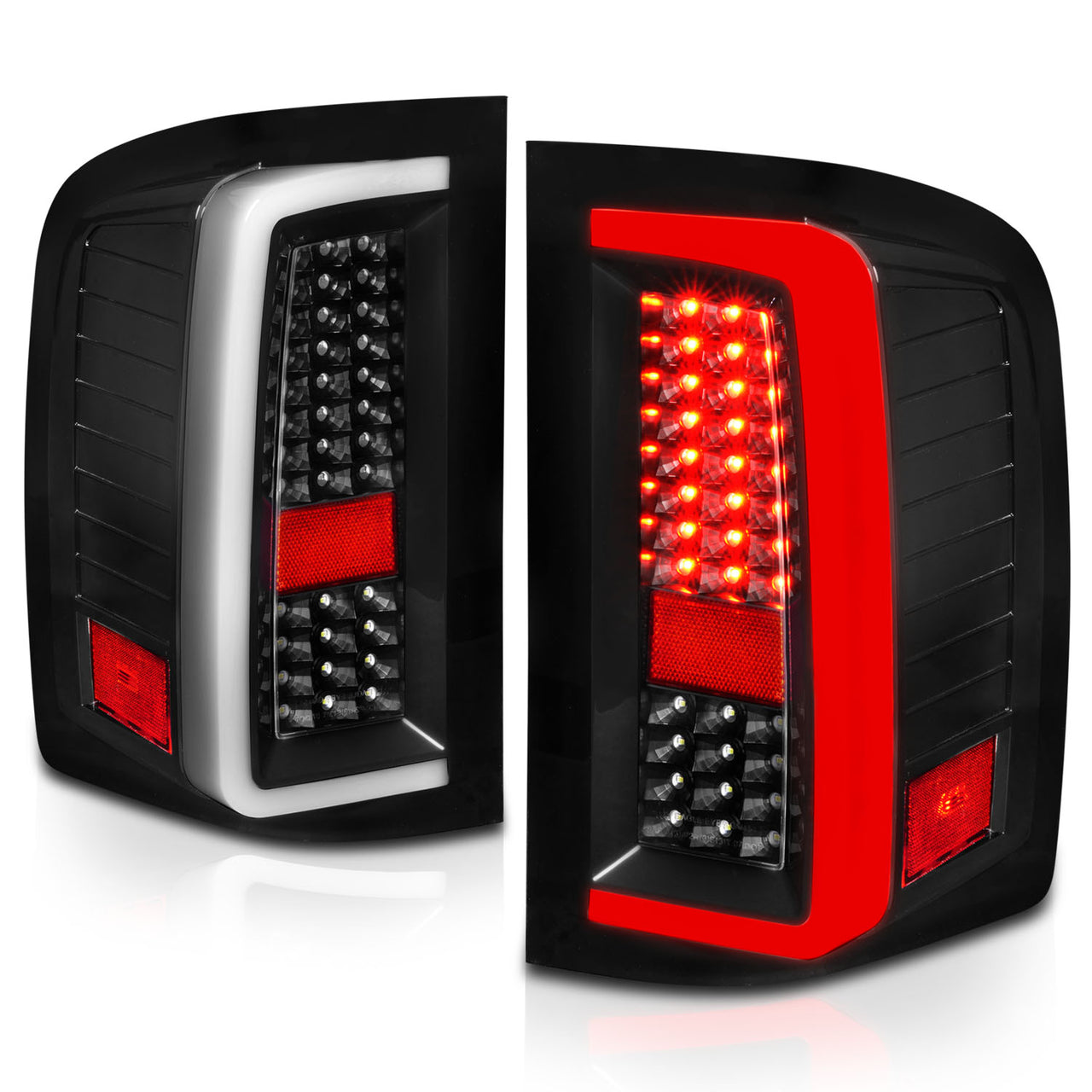 CHEVY SILVERADO 1500/2500/3500 07-10/HYBRID 09/GMC SIERRA 07-09 LED TAIL LIGHTS G5  BLACK HOUSING CLEAR LENS (W/ WHITE LIGHT BAR)