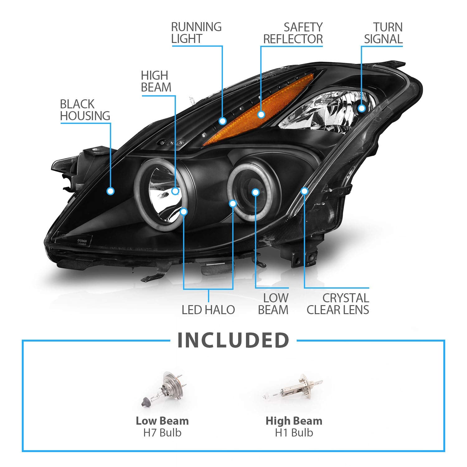 NISSAN ALTIMA 08-09 PROJECTOR 2D HEADLIGHTS BLACK CLEAR AMBER (RX HALO)