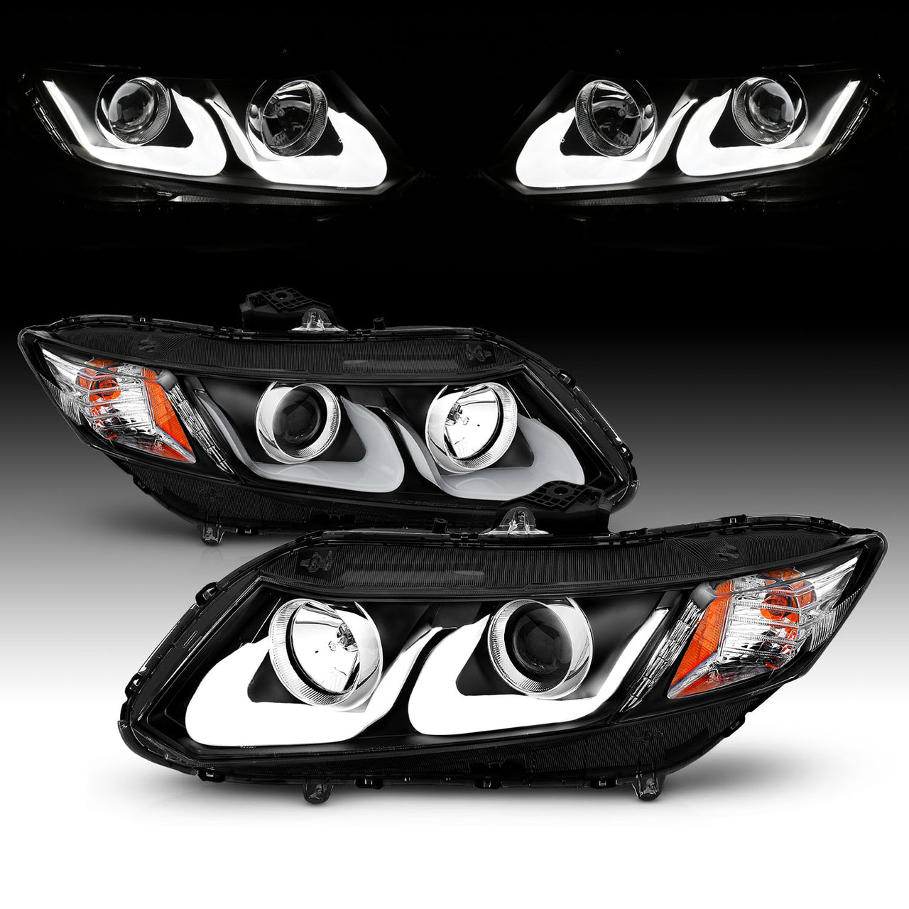 HONDA CIVIC 12-13 2/4DR PROJECTOR U-BAR STYLE HEADLIGHTS BLACK CLEAR AMBER