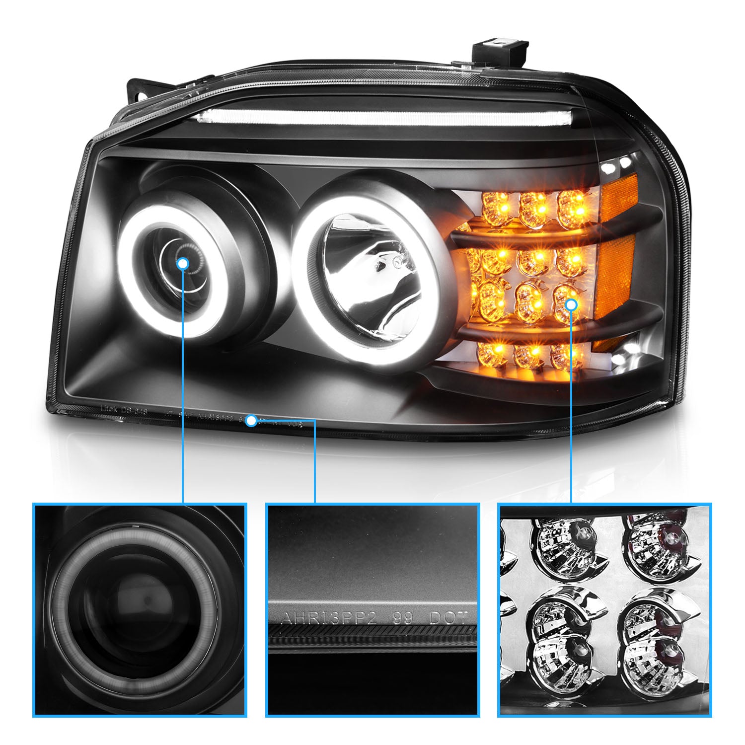 NISSAN FRONTIER 01-04 PROJECTOR HEADLIGHTS W/ LED BAR BLACK CLEAR AMBER (RX HALO)