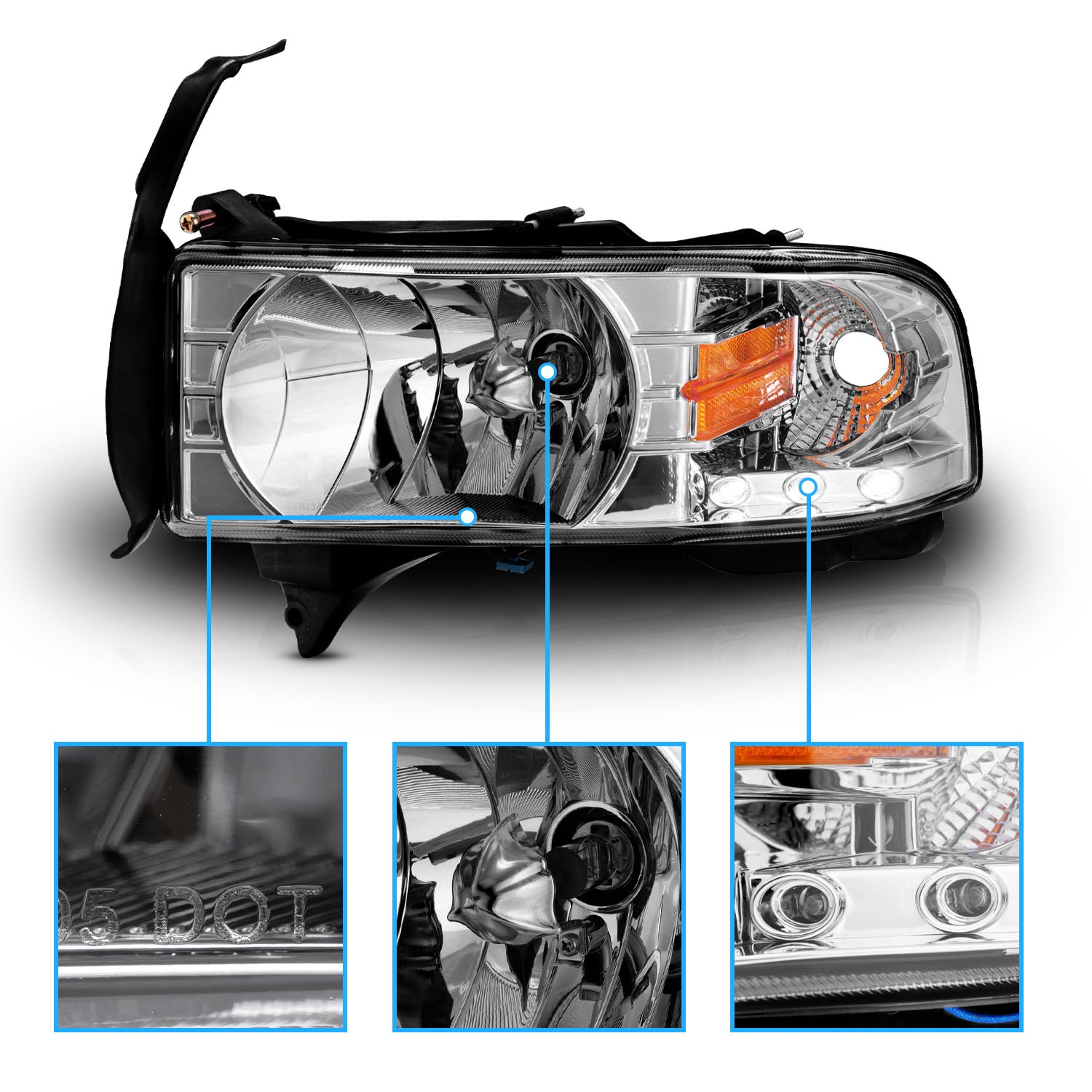 DODGE RAM 94-01 CRYSTAL HEADLIGHTS CHROME W/ LED AMBER