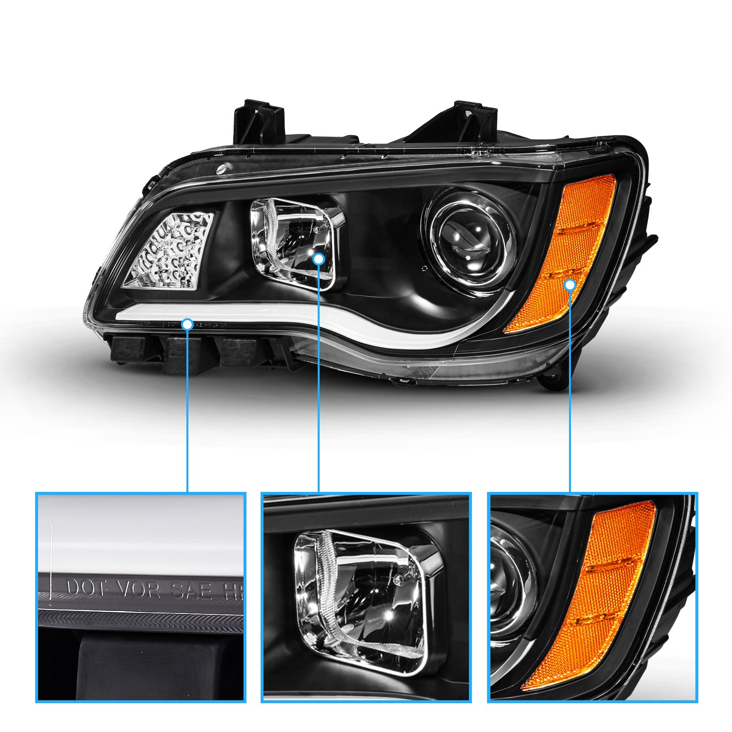 CHRYSLER 300 11-UP PROJECTOR LIGHT BAR STYLE HEADLIGHTS BLACK CLEAR G2 AMBER