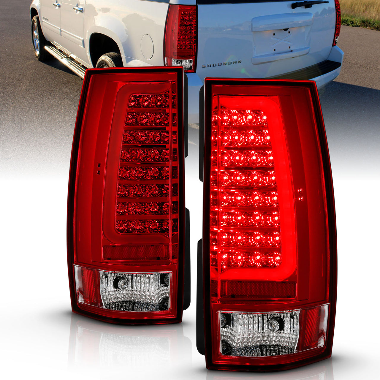 CHEVY TAHOE/SUBURBAN 07-14 LED TAIL LIGHTS RED/CLEAR W/ C LIGHT BAR