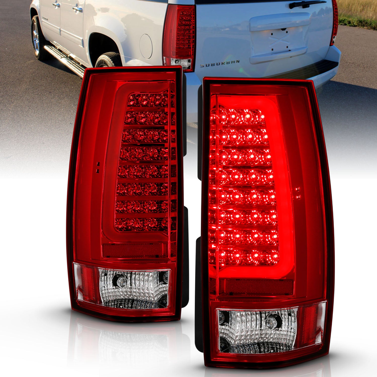 CHEVY TAHOE/SUBURBAN 07-14 LED TAIL LIGHTS RED/CLEAR W/ C LIGHT BAR
