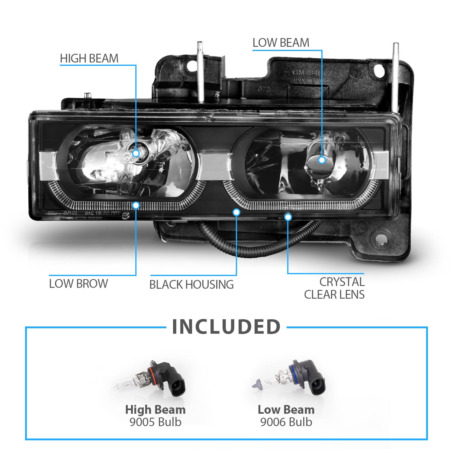 CHEVY FULLSIZE 88-98 LOW-BROW STYLE CRYSTAL HEADLIGHTS BLACK CLEAR
